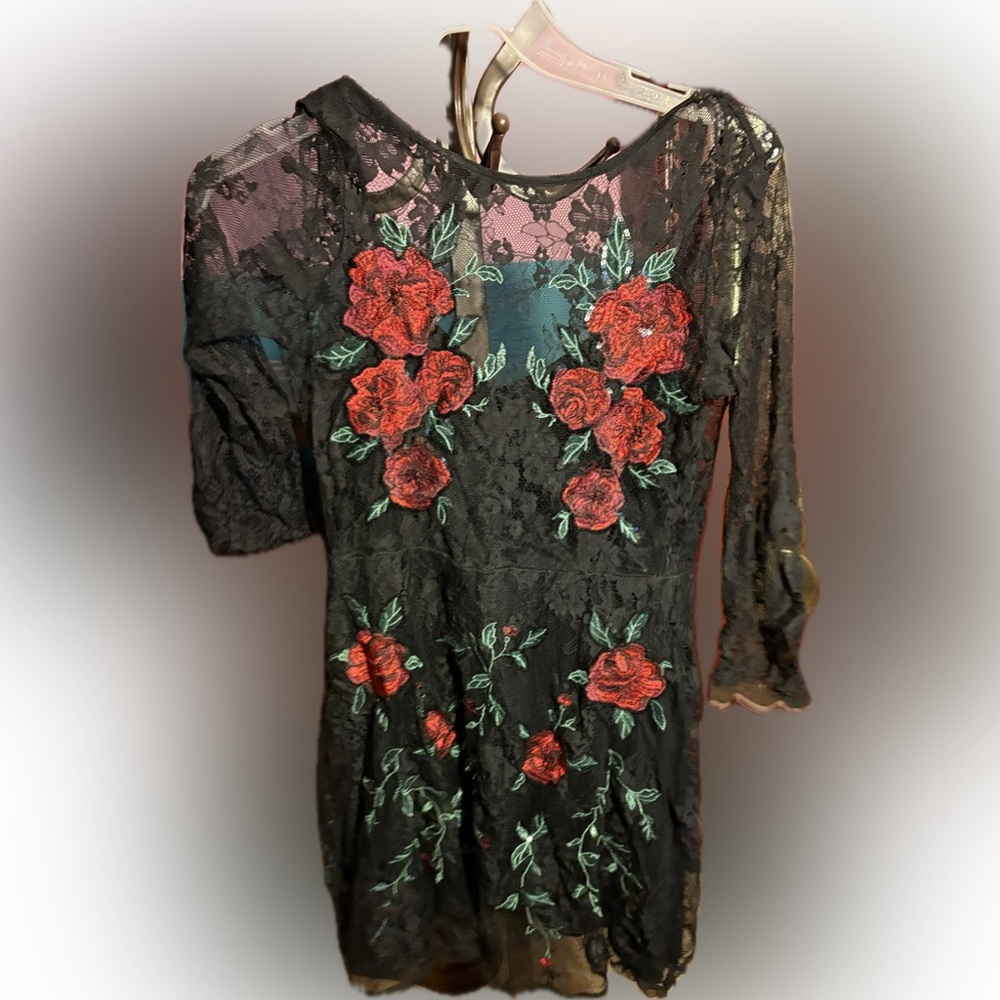 Black Lace Dress with Red Floral Embroidery